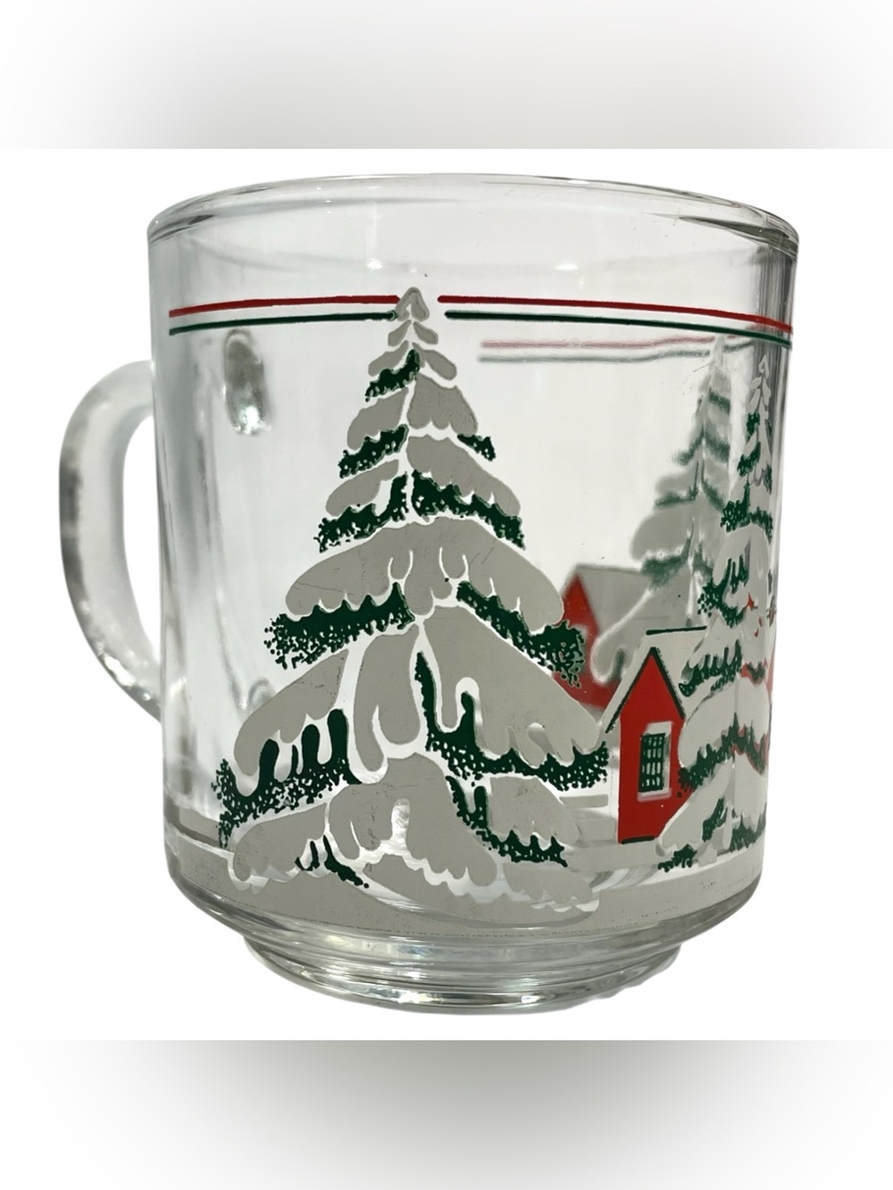 Vintage 1970s KIG Indonesia Glass Mug - Winter Red Cabin and Green Trees Scenery